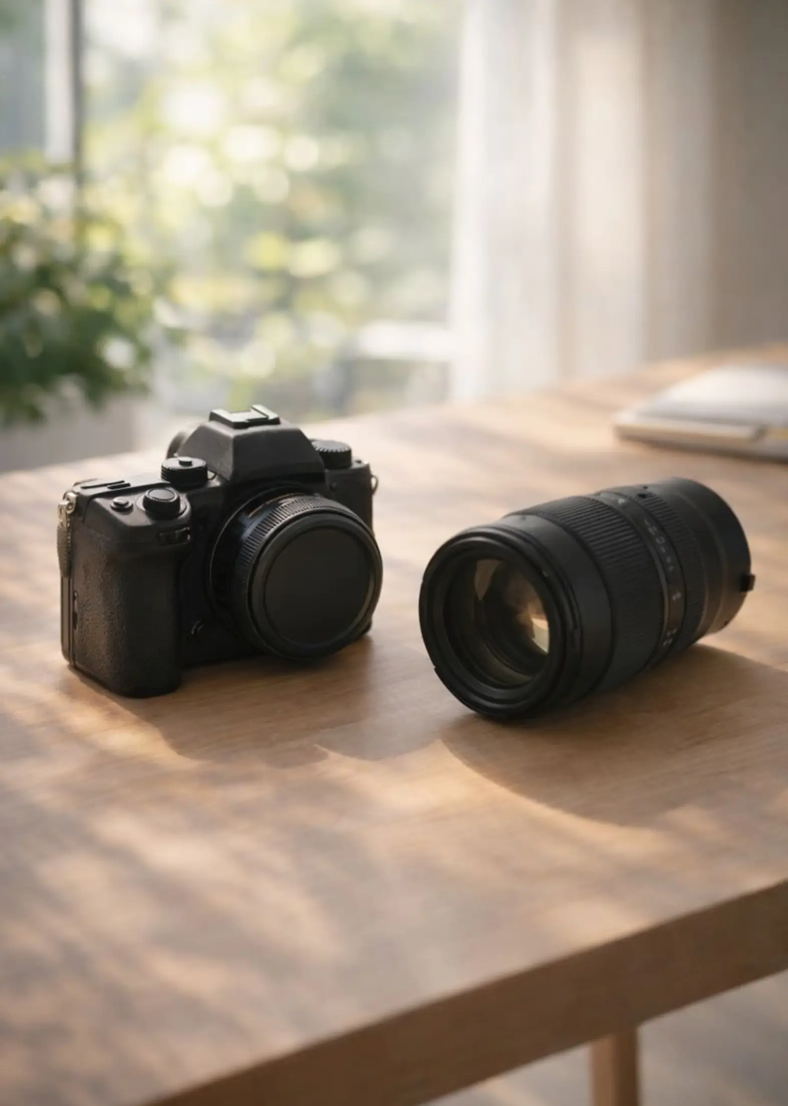 柔らかい自然光を浴びながら、緑の草木に手を伸ばす様子